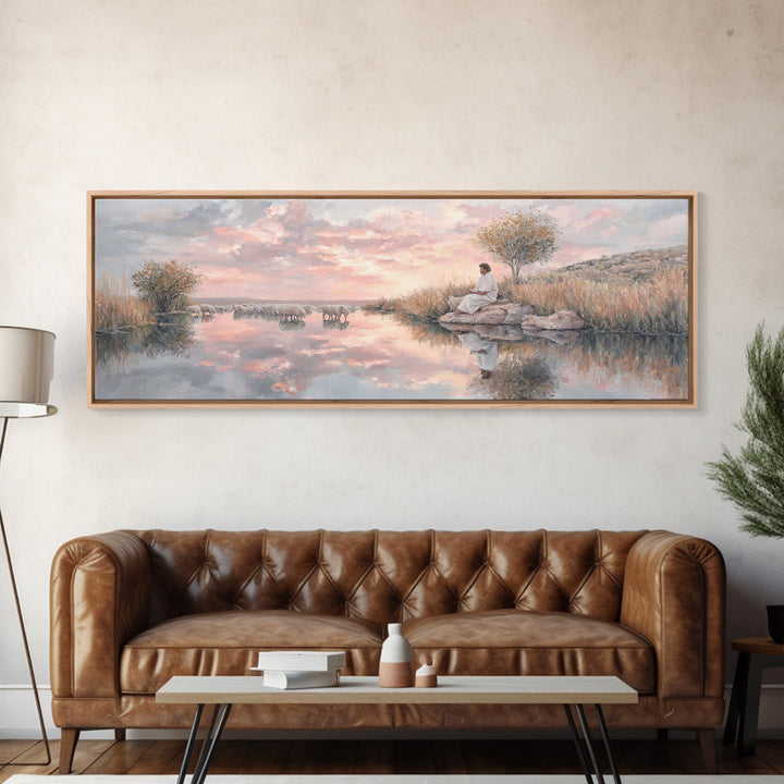 Shepherd’s Quiet Path, Framed Canvas Print, Panoramic Frame, Christian Art Canvas, Large Christian Painting, Jesus Painting, Christmas Wall