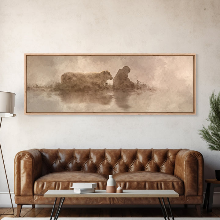 Calm Pasture Hope | Framed Canvas Print | Panoramic Art | Christian Art Work | Subtle Christian Art | Jesus Christmas Art | Christian Decor