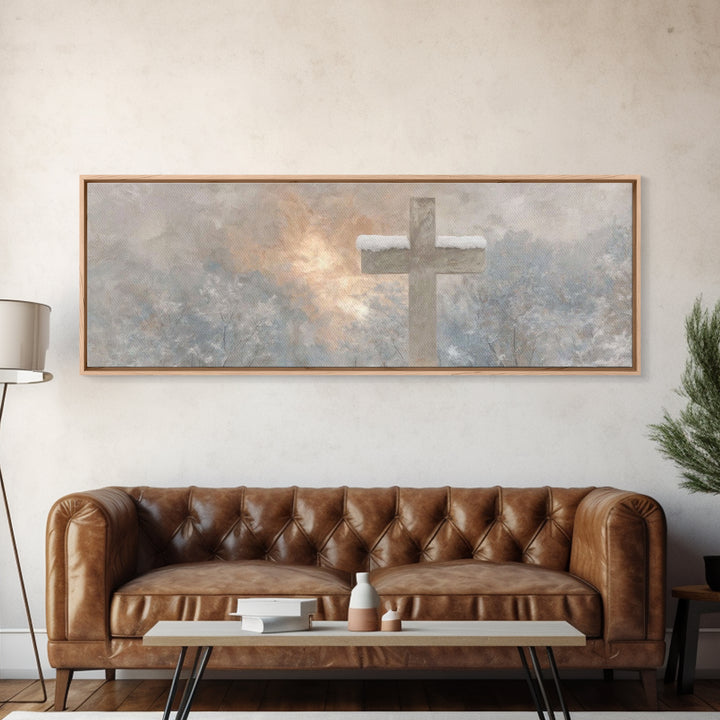 Winter Cross Light - Framed Canvas Print - Christian Wall Art - Panoramic Art - Christian Art Canvas - Christmas Art - Jesus Painting