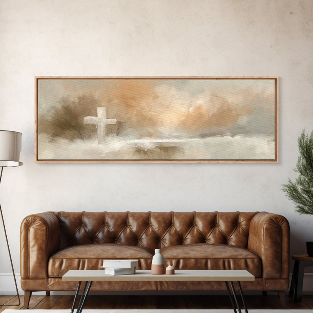 Morning Hope Cross, Framed Canvas Print, Christian Wall Art, Panoramic Print, Christian Painting, Christmas Art, Christian Art Canvas