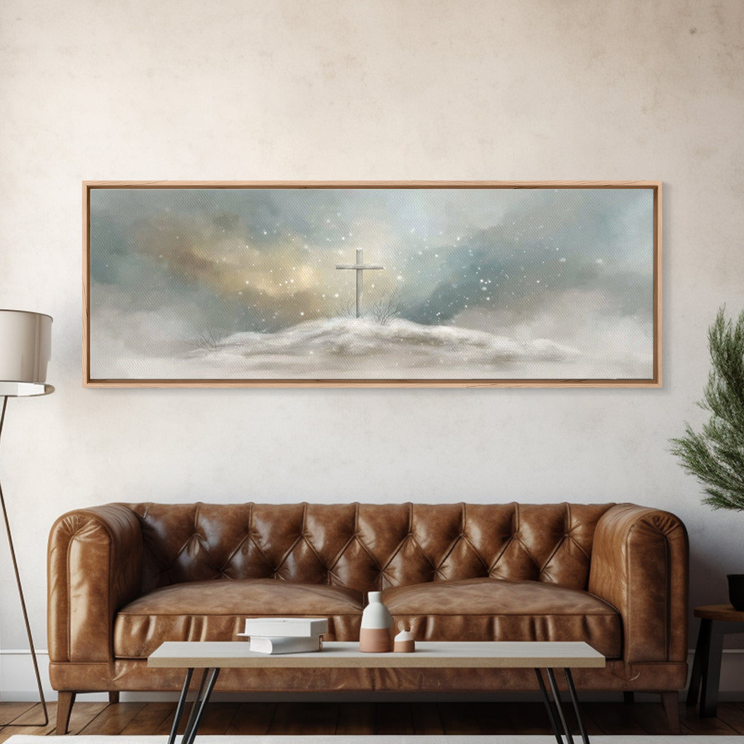 Cross Of Stillness – Framed Canvas Print – Christian Art Print – Panoramic Wall Art – Christmas Art – Christian Decor – Unique Christian Ar