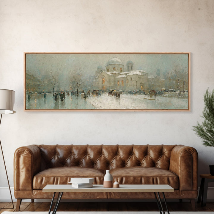 Snowy City Faith, Framed Canvas Print, Christian Art Work, Panoramic Wall Art, Christmas Art Prints, Christian Decor For Home, Modern Chris