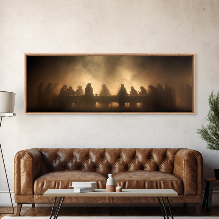 Sacred Supper Haze | Framed Canvas Print | Christian Art Canvas | Jesus Painting | Moody Christian Art | Panoramic Art | Christian Wall Art