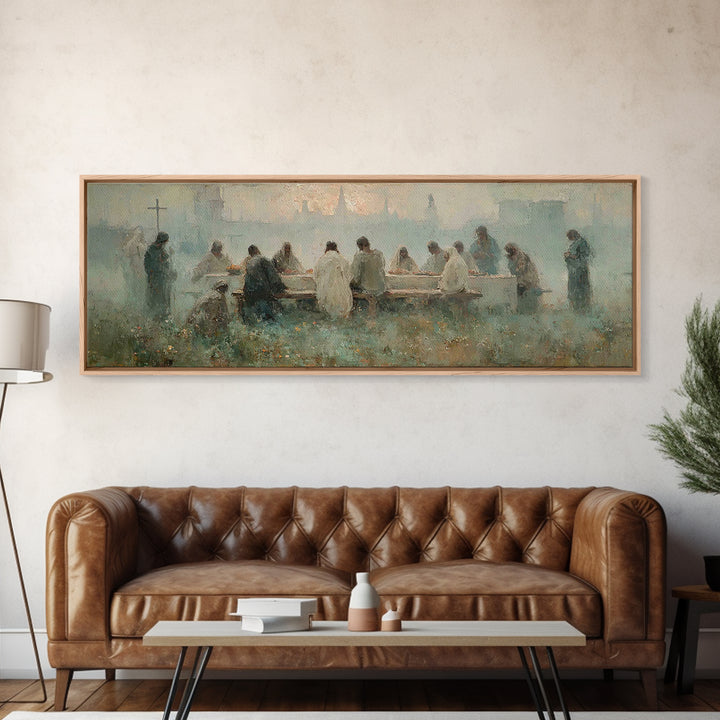 Upper Room Reverence, Framed Canvas Print, Christian Paintings, Large Christian Painting, Jesus Art Print, Panoramic Painting, Christian Ar