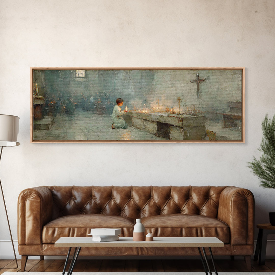 Sanctuary Candles | Framed Canvas Print | Christian Wall Art | Panoramic Painting | Christian Art Print | Christmas Art | Subtle Christian