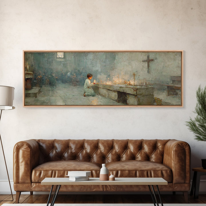 Sanctuary Candles | Framed Canvas Print | Christian Wall Art | Panoramic Painting | Christian Art Print | Christmas Art | Subtle Christian