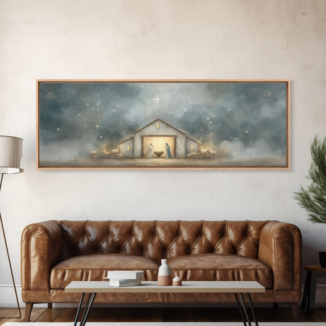 Starry Night Manger - Framed Canvas Print - Panoramic Print - Christian Christmas Art - Christian Art Canvas - Jesus Painting