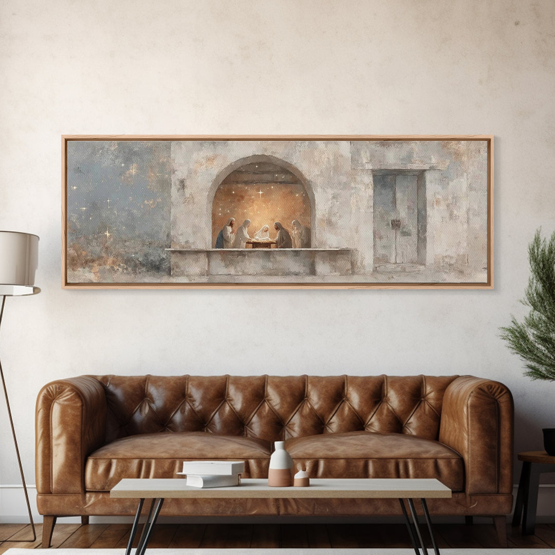 Sacred Arch Gathering, Framed Canvas Print, Panoramic Painting, Christian Art Canvas, Christian Wall Art, Christmas Art, Jesus Painting