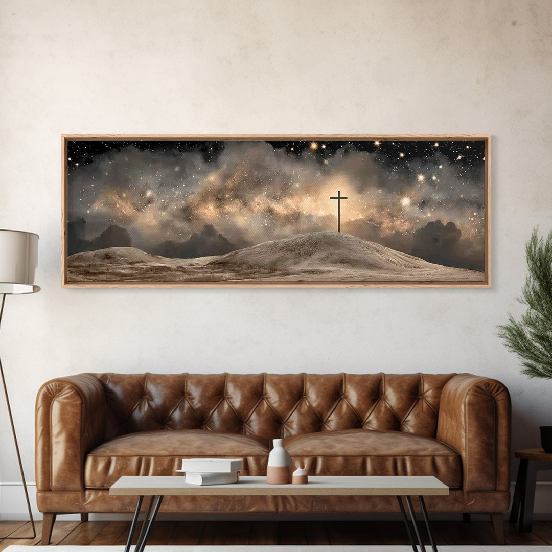 Cross On The Hill, Framed Canvas Print, Panoramic Art, Christian Wall Art, Christian Art Canvas, Jesus Painting, Christmas Art