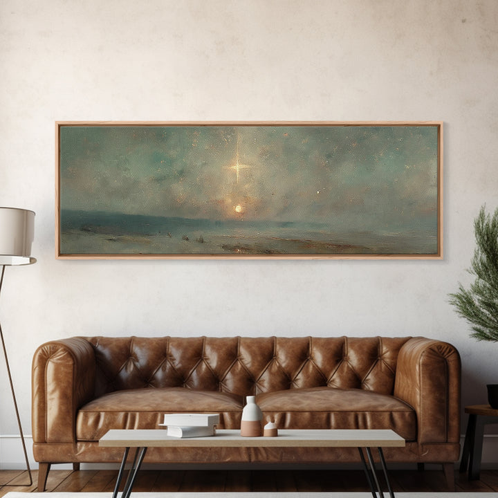 Heavenly Night Light, Framed Canvas Print, Christian Art Canvas, Panoramic Wall Art, Christian Christmas Art, Christian Wall Art, Jesus Pai