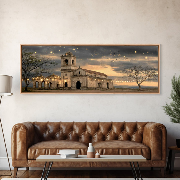 Sunlit Sanctuary, Framed Canvas Print, Christian Wall Art, Panoramic Art, Christian Art Canvas, Christian Christmas Art, Jesus Painting