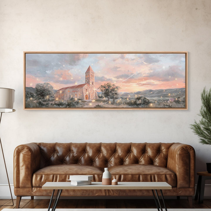 Evening Parish Glow | Framed Canvas Print | Panoramic Wall Art | Christian Art Canvas | Christian Christmas Art | Christian Wall Art | Chri