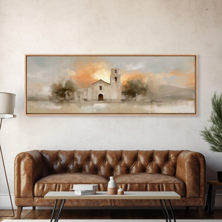Mission At Sunset – Framed Canvas Print – Christian Art Canvas – Panoramic Painting – Christian Wall Art – Christmas Art – Jesus Painting