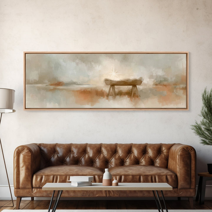 Manger Light Grace, Framed Canvas Print, Christian Art Canvas, Panoramic Print, Christian Wall Art, Christmas Art, Christian Christmas Art