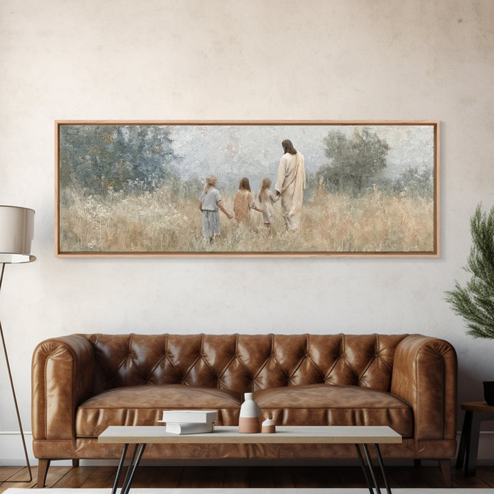 Gentle Meadow Walk – Framed Canvas Print – Christian Wall Art – Jesus Painting – Christian Art Canvas – Panoramic Art – Christian Christmas
