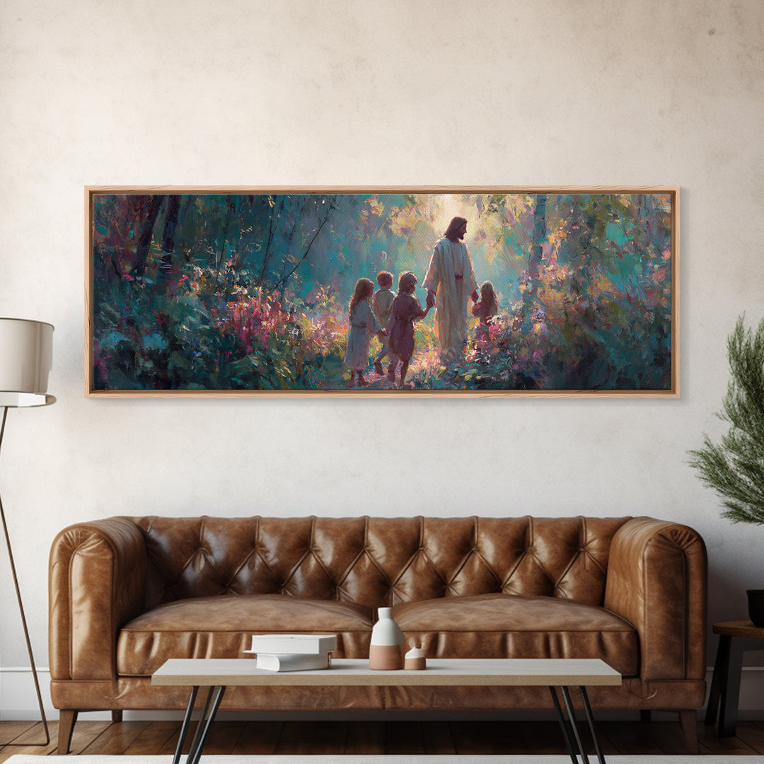 Light In The Garden | Framed Canvas Print | Christian Wall Art | Christian Art Canvas | Jesus Painting | Panoramic Painting | Christian Chr