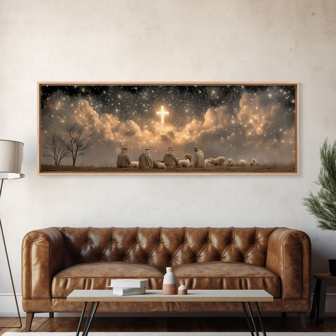 Night Of Promise, Framed Canvas Print, Christian Art Canvas, Panoramic Wall Art, Christmas Art, Christian Wall Art, Christian Christmas