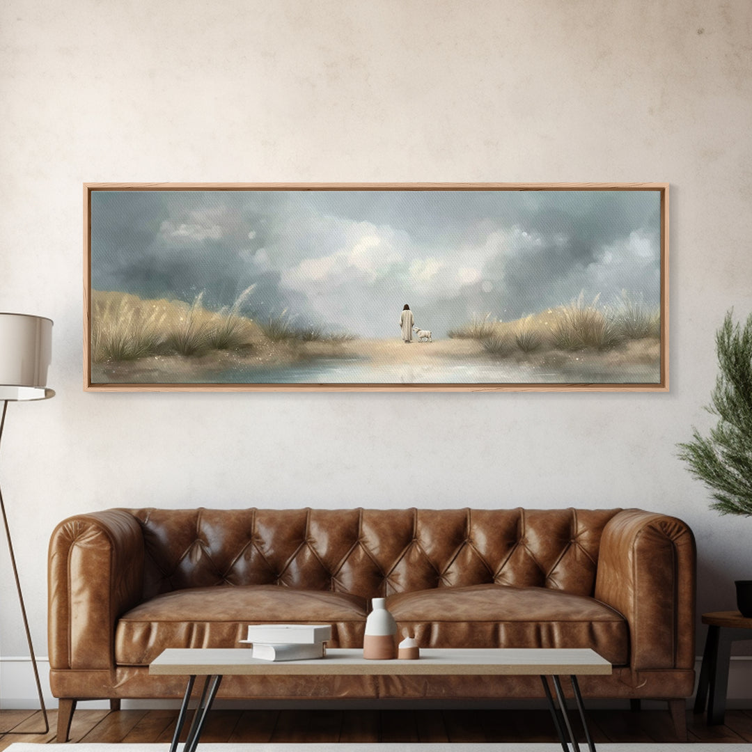 Gentle Shepherd Path – Framed Canvas Print – Christian Wall Art – Jesus Painting – Panoramic Art – Christian Art Canvas – Christian Christm