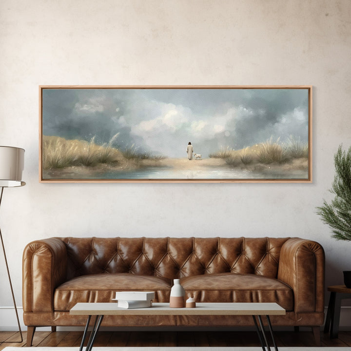 Gentle Shepherd Path – Framed Canvas Print – Christian Wall Art – Jesus Painting – Panoramic Art – Christian Art Canvas – Christian Christm