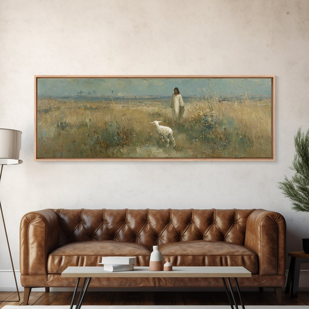 Quiet Meadow Grace, Framed Canvas Print, Christian Wall Art, Panoramic Print, Jesus Painting, Christian Christmas Art, Christian Art Canvas