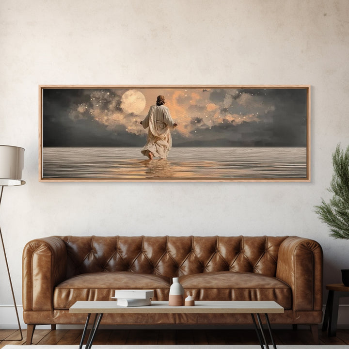 Moonlit Savior Calm – Framed Canvas Print – Panoramic Art – Christian Wall Art – Jesus Painting – Christian Art Canvas – Christmas Art
