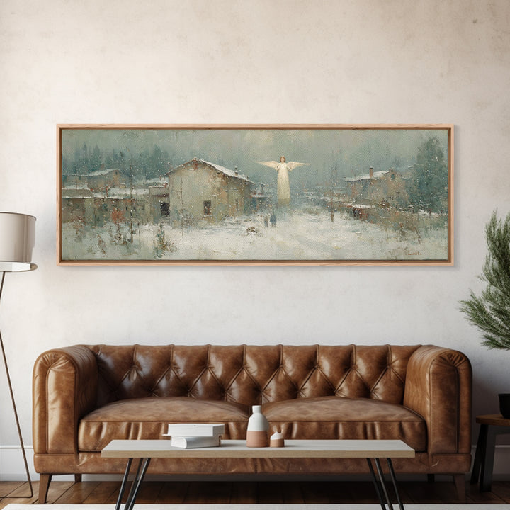 Winter Angel Blessing – Framed Canvas Print – Christian Wall Art – Panoramic Art – Christian Art Canvas – Christmas Art – Holiday Art