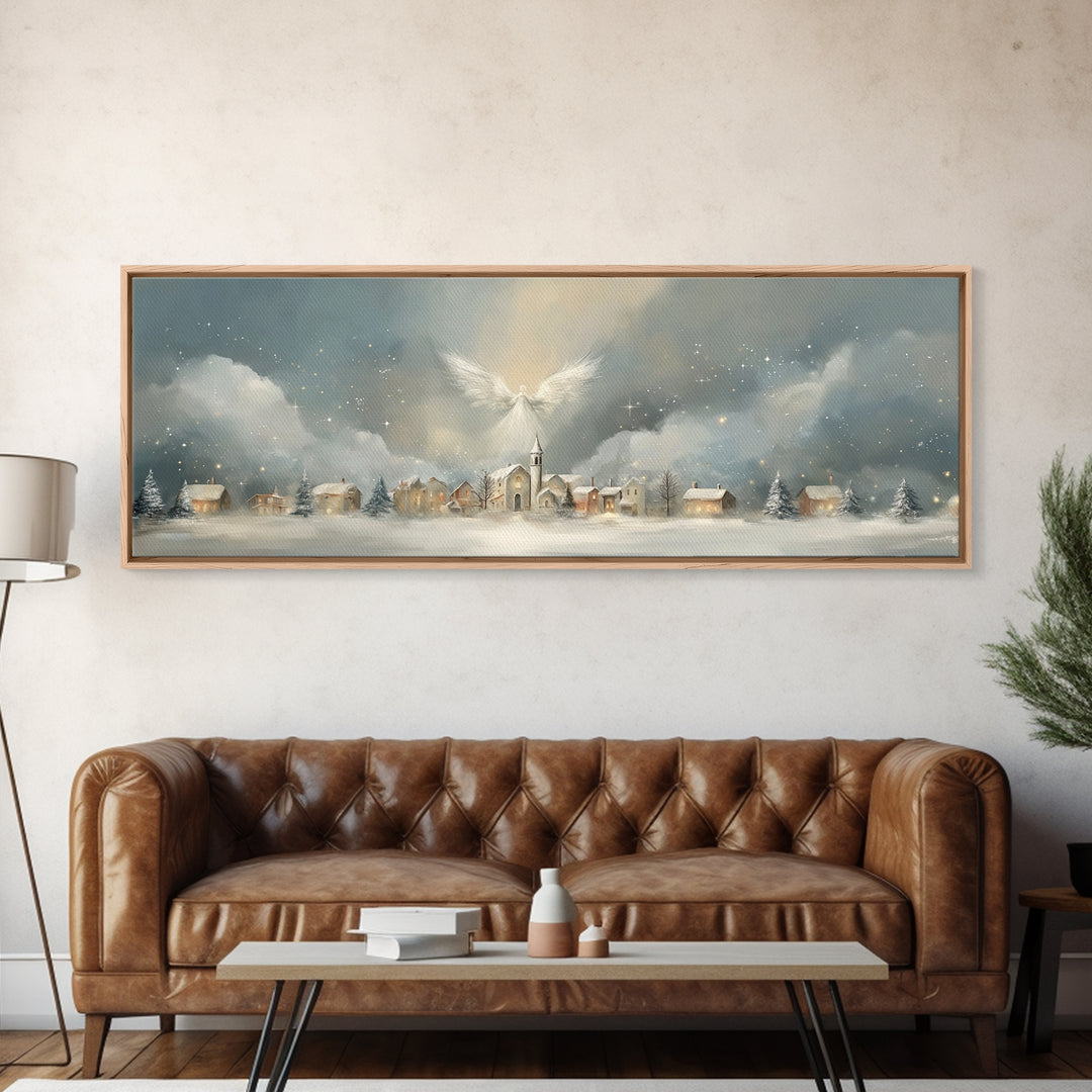 Heavenly Village Light, Framed Canvas Print, Christian Wall Art, Panoramic Painting, Christian Christmas Art, Christian Art Canvas, Holiday