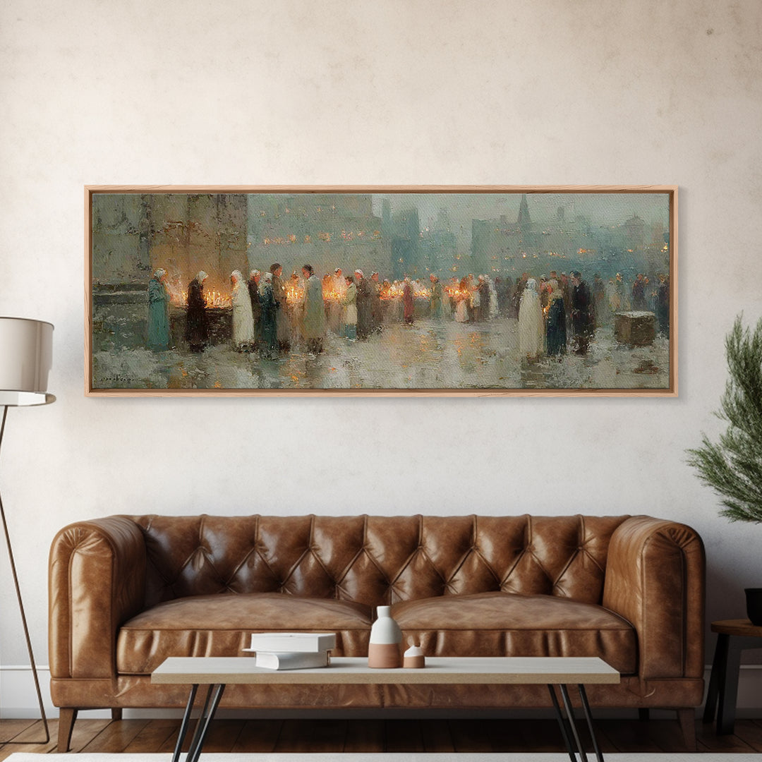 Candlelight Gathering Hope | Framed Canvas Print | Christian Wall Art | Panoramic Frame | Christian Art Canvas | Christmas Art | Faith Art