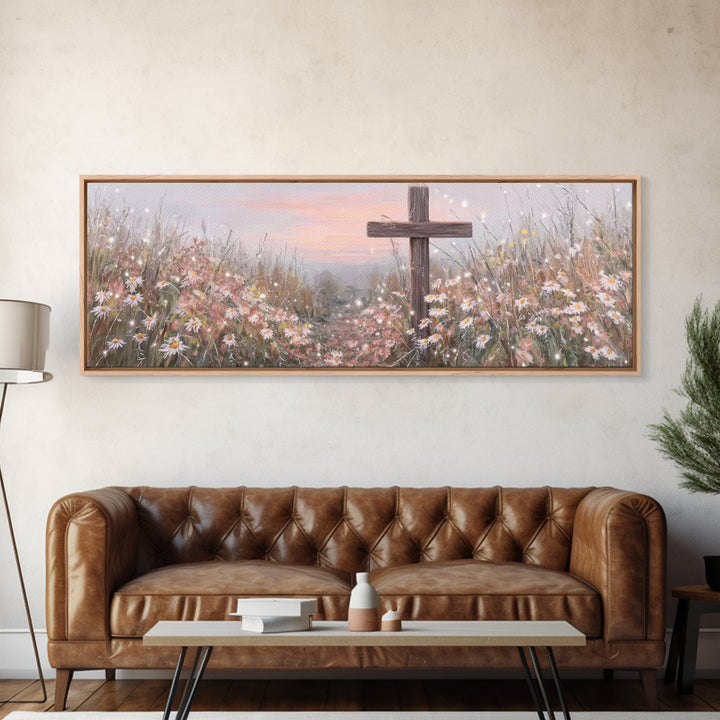 Silent Cross Meadow | Framed Canvas Print | Panoramic Wall Art | Christian Art Canvas | Subtle Christian Art | Christian Decor | Christmas