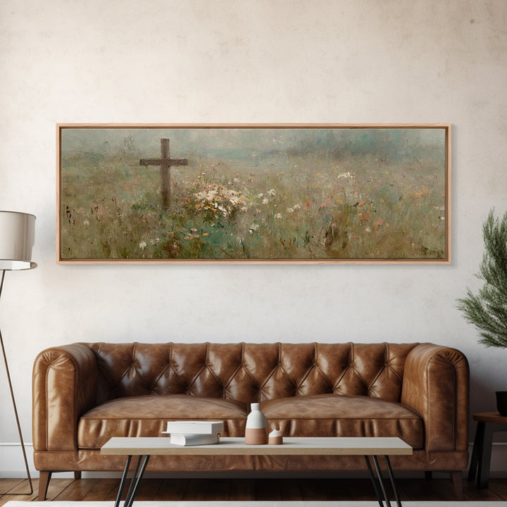 Quiet Garden Cross | Framed Canvas Print | Extra Wide Art | Christian Wall Art | Christian Art Print | Christian Christmas Decor | Modern C