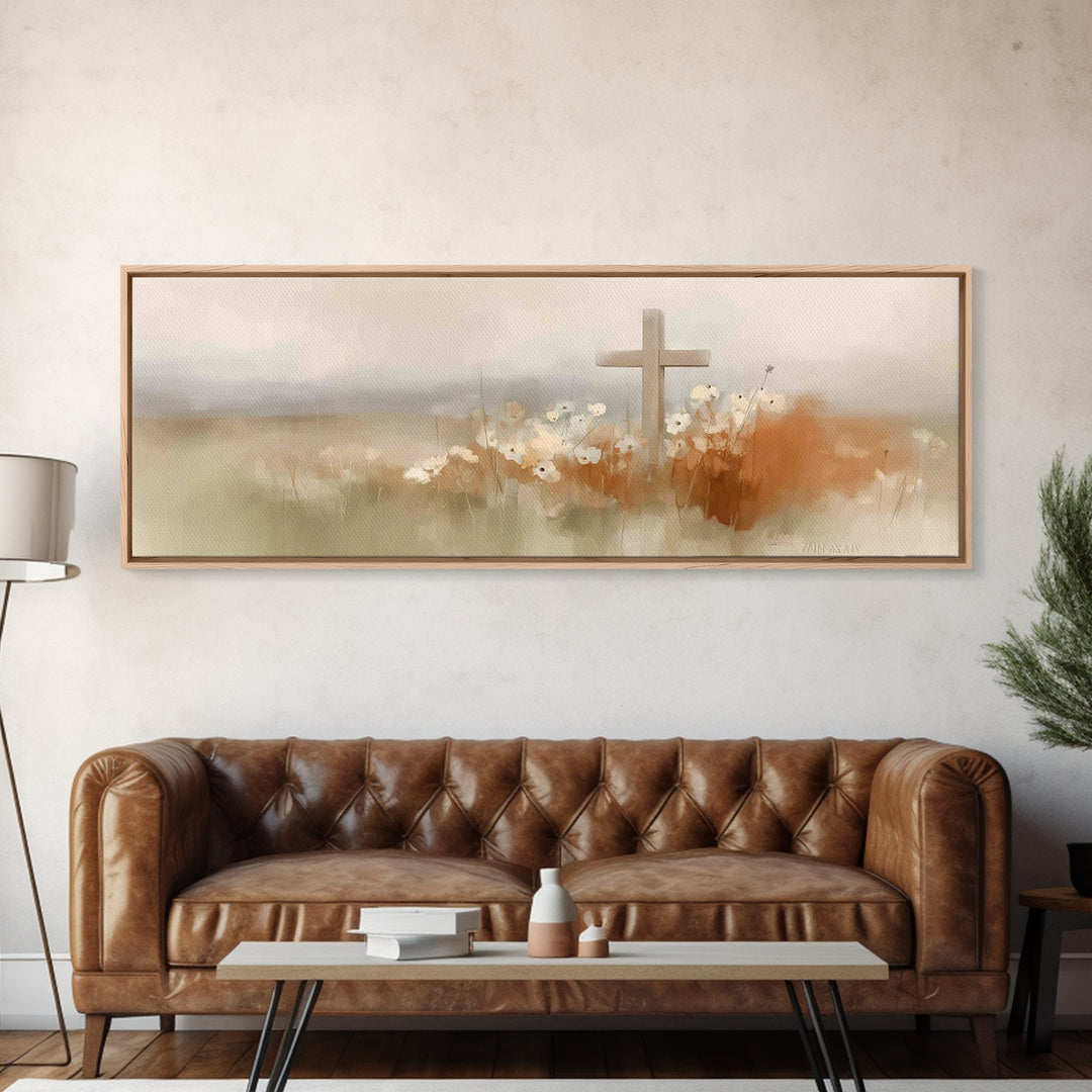 Soft Horizon Cross | Framed Canvas Print | Panoramic Art | Christian Christmas Art | Christian Wall Art | Christian Gift Ideas | Modern Chr