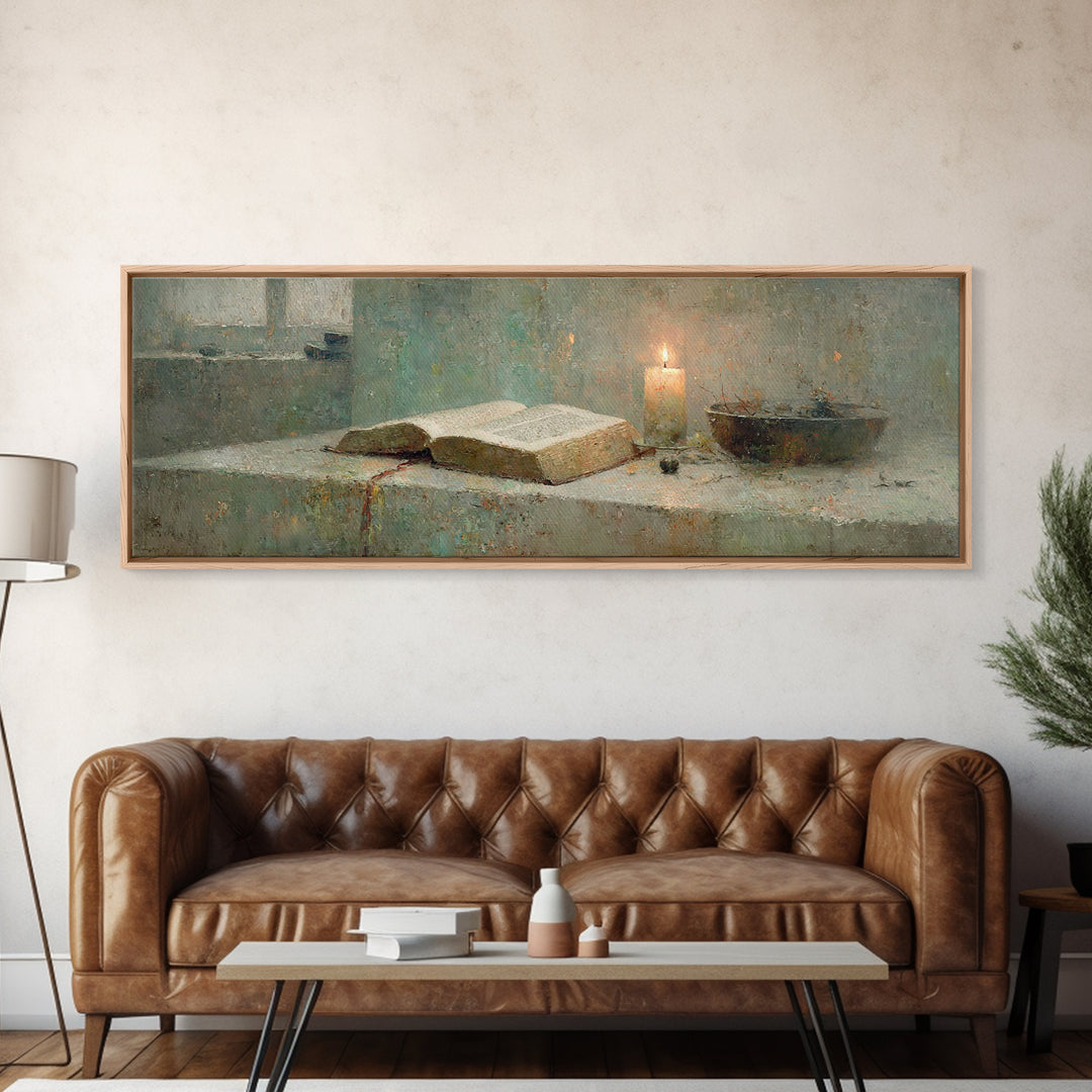Sacred Study – Framed Canvas Print – Panoramic Painting – Christian Art Canvas – Christian Art Work – Christian Gift – Moody Christian Art