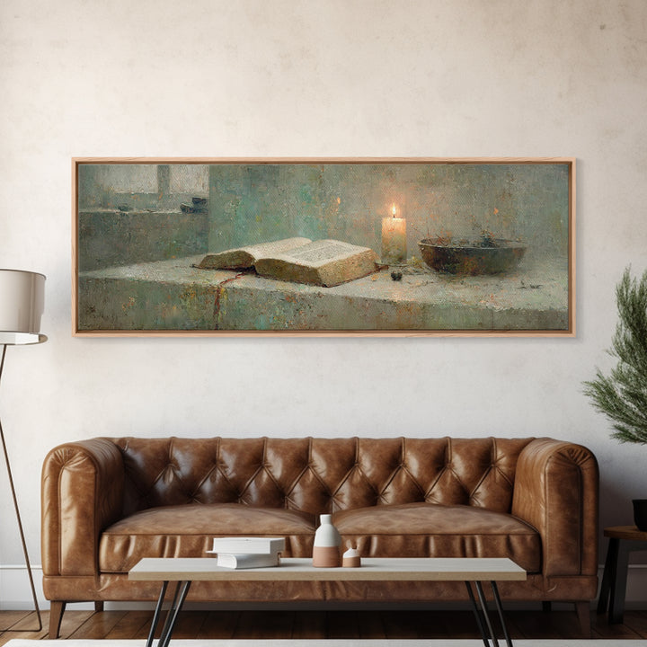 Sacred Study – Framed Canvas Print – Panoramic Painting – Christian Art Canvas – Christian Art Work – Christian Gift – Moody Christian Art
