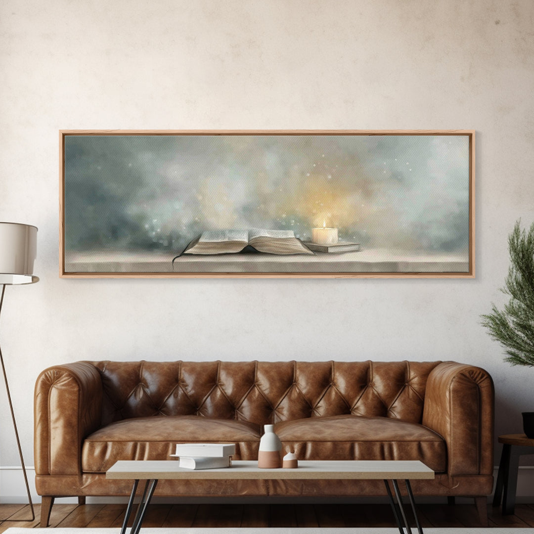Candlelit Scripture | Framed Canvas Print | Christian Christmas Art | Panoramic Wall Art | Christian Art Canvas | Christian Painting | Chri