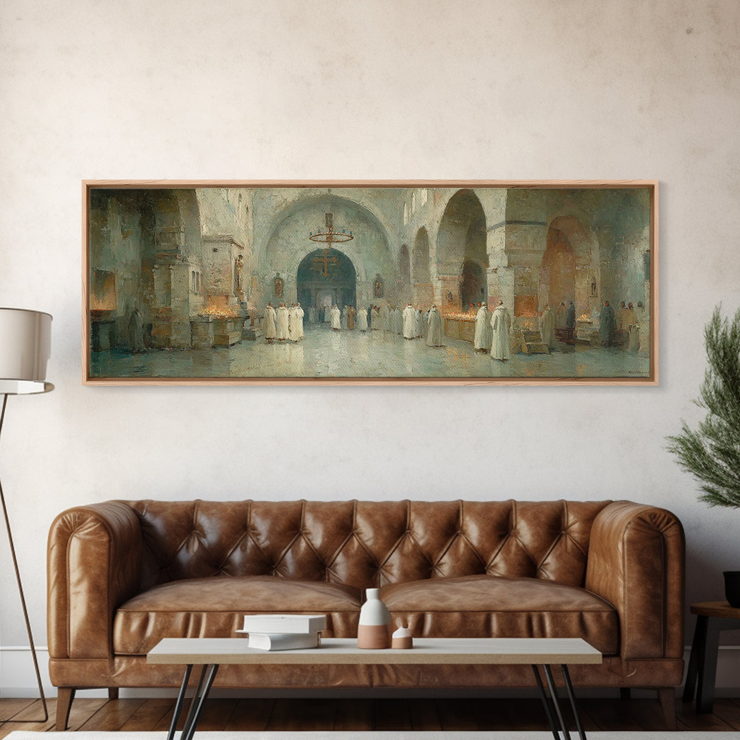 Monastic Gathering – Framed Canvas Print – Christian Art Canvas – Panoramic Frame – Christmas Art – Christian Decorations – Christian Paint