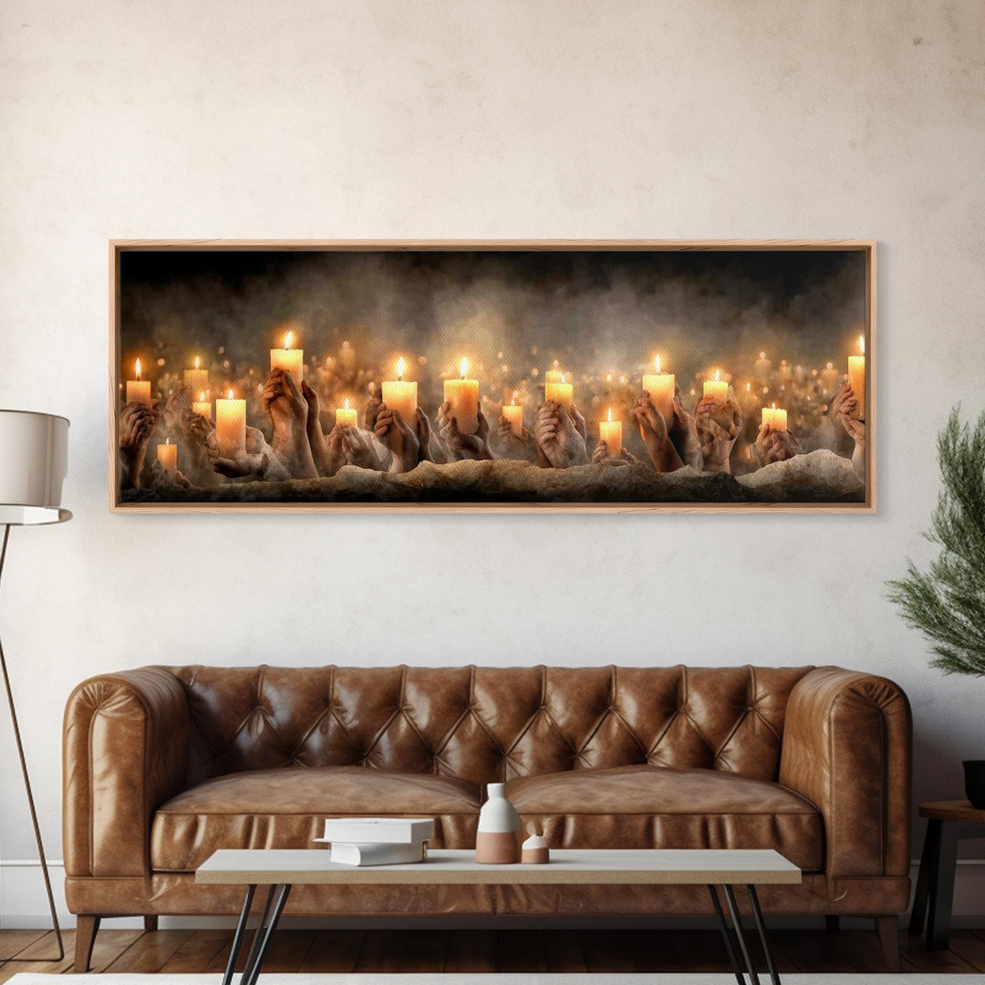 Uplifted Flame Tribute, Framed Canvas Print, Christian Wall Art, Panoramic Art, Christian Christmas Art, Christian Art Canvas, Prayer Art