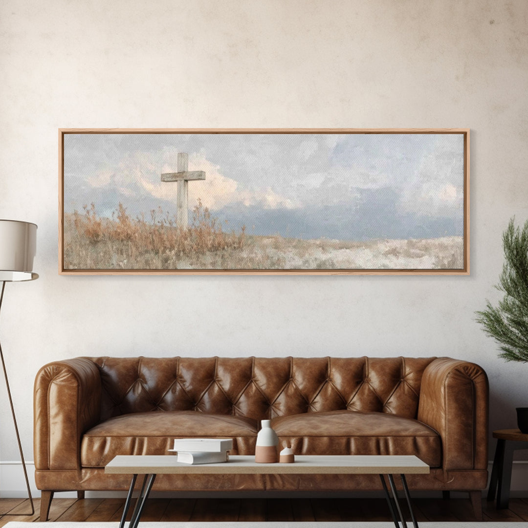 Cross On The Hill – Framed Canvas Print – Christian Art Canvas – Panoramic Painting – Christian Wall Art – Christian Gift – Christian Art
