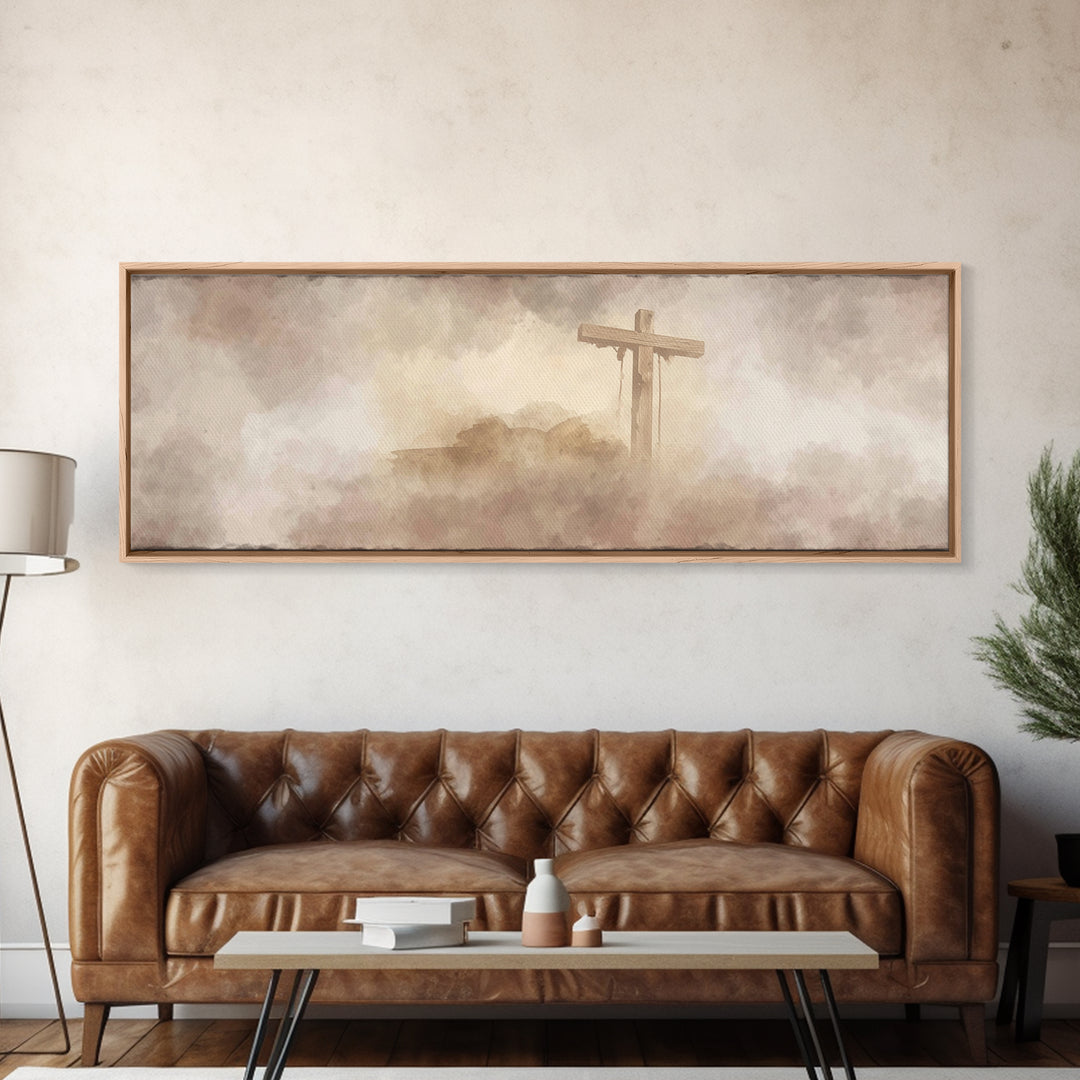 Worn Cross | Framed Canvas Print | Christian Art | Panoramic Painting | Christian Wall Art | Christian Art Canvas | Christian Artwork