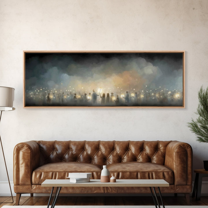 Twilight Candle Crowd | Framed Canvas Print | Christian Wall Art | Panoramic Frame | Christian Art Canvas | Christmas Art | Devotional Art