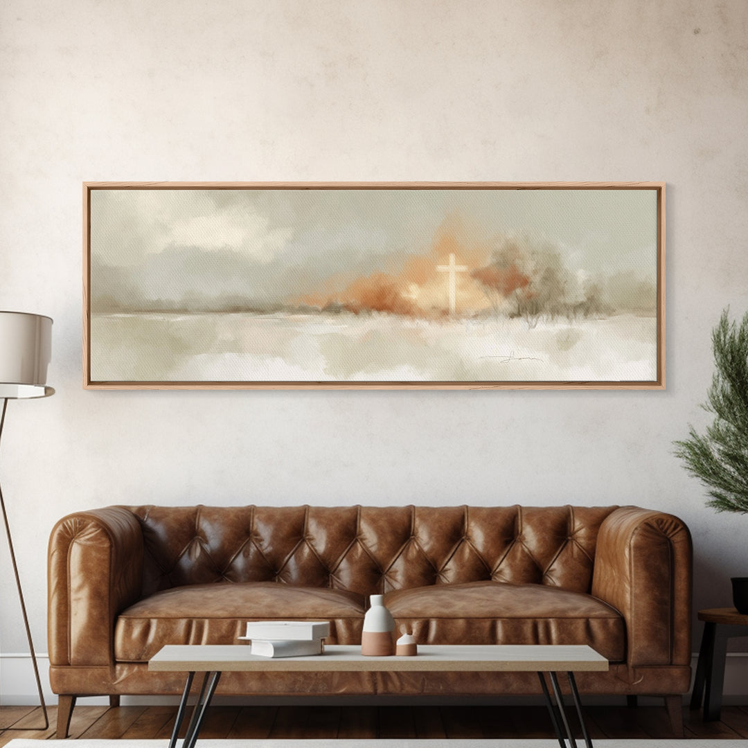 Light On Calvary, Framed Canvas Print, Christian Wall Art, Panoramic Painting, Christian Art Canvas, Christian Painting, Christian Decor
