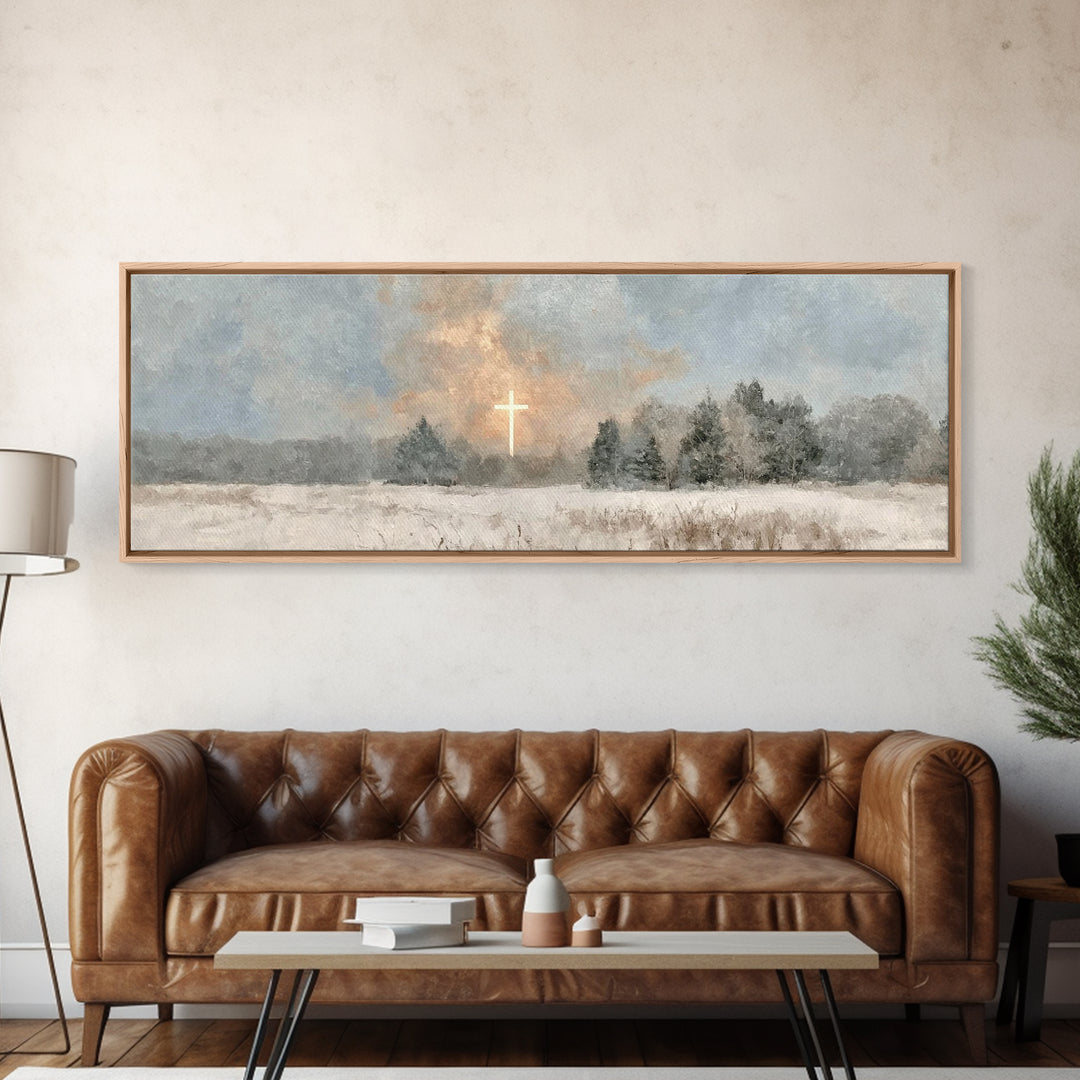 Winter Cross Light, Framed Canvas Print, Panoramic Art, Christian Art Canvas, Christian Wall Art, Christian Painting, Christmas Art