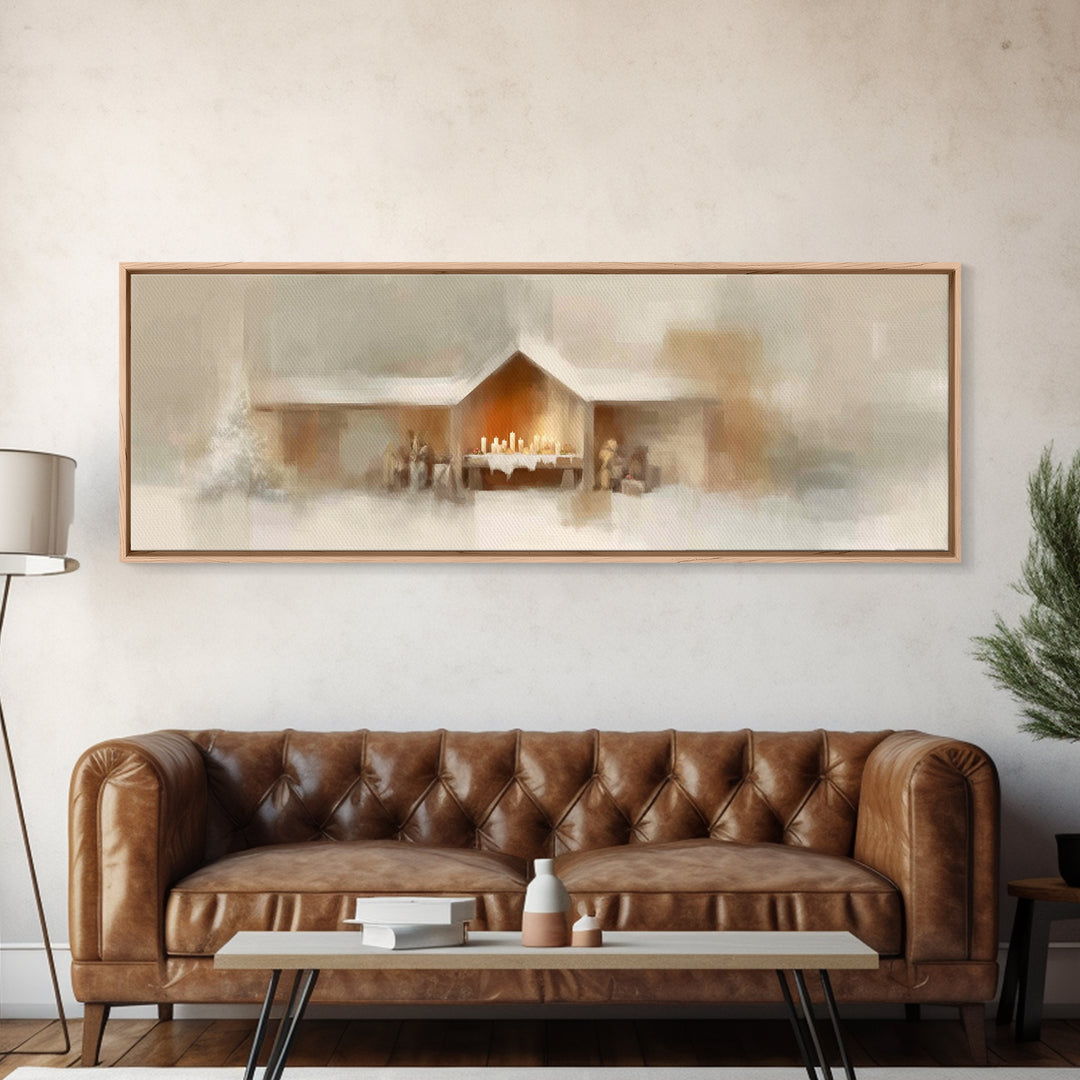 Humble Stable Offering - Framed Canvas Print - Christian Wall Art - Panoramic Painting - Christian Art Canvas - Christmas Art - Sacred Art