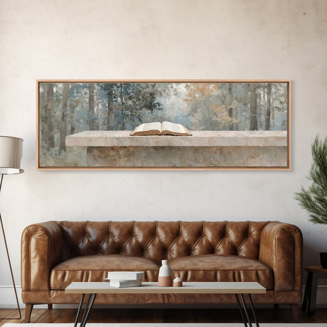 Forest Scripture Calm | Framed Canvas Print | Christian Wall Art | Panoramic Wall Art | Christian Art Canvas | Christian Painting