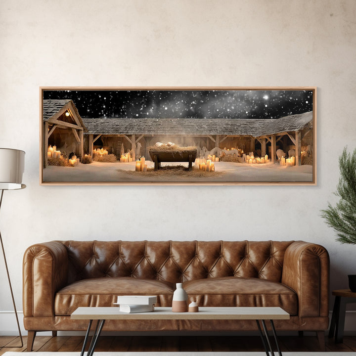 Holy Night Cradle, Framed Canvas Print, Panoramic Painting, Christian Wall Art, Jesus Christmas Art, Christian Art Canvas, Christmas Art