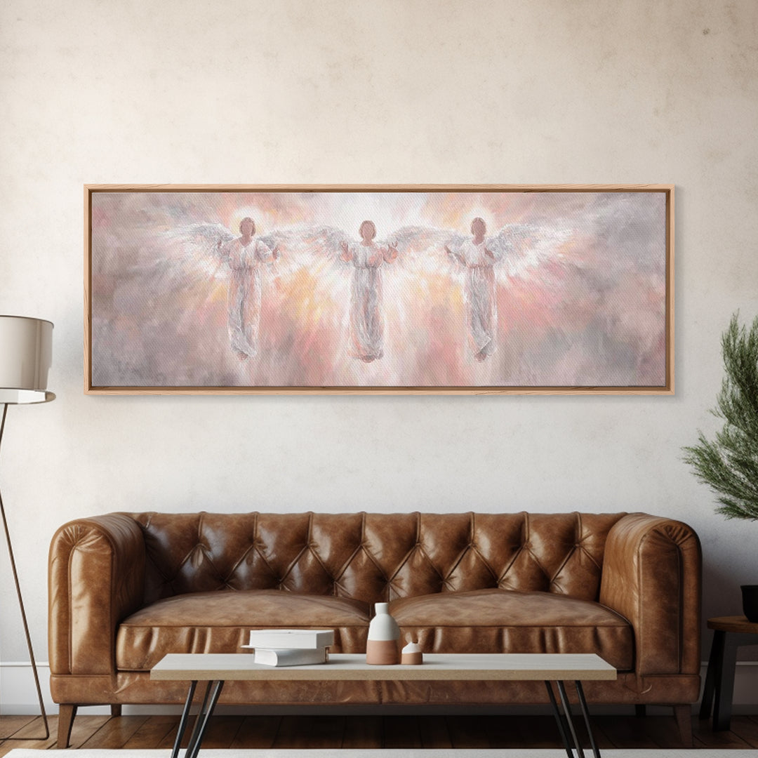 Radiant Angel Trio – Framed Canvas Print – Panoramic Wall Art – Christian Art Canvas – Christian Painting – Christmas Art – modern Christia