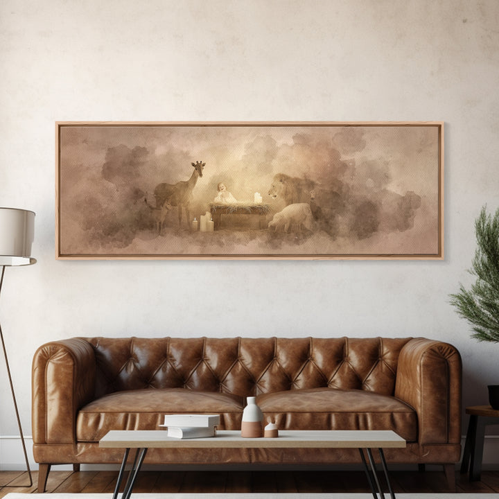 Gentle Manger Peace, Framed Canvas Print, Christian Wall Art, Panoramic Art, Christian Art Canvas, Christmas Art, Christian Christmas Decor