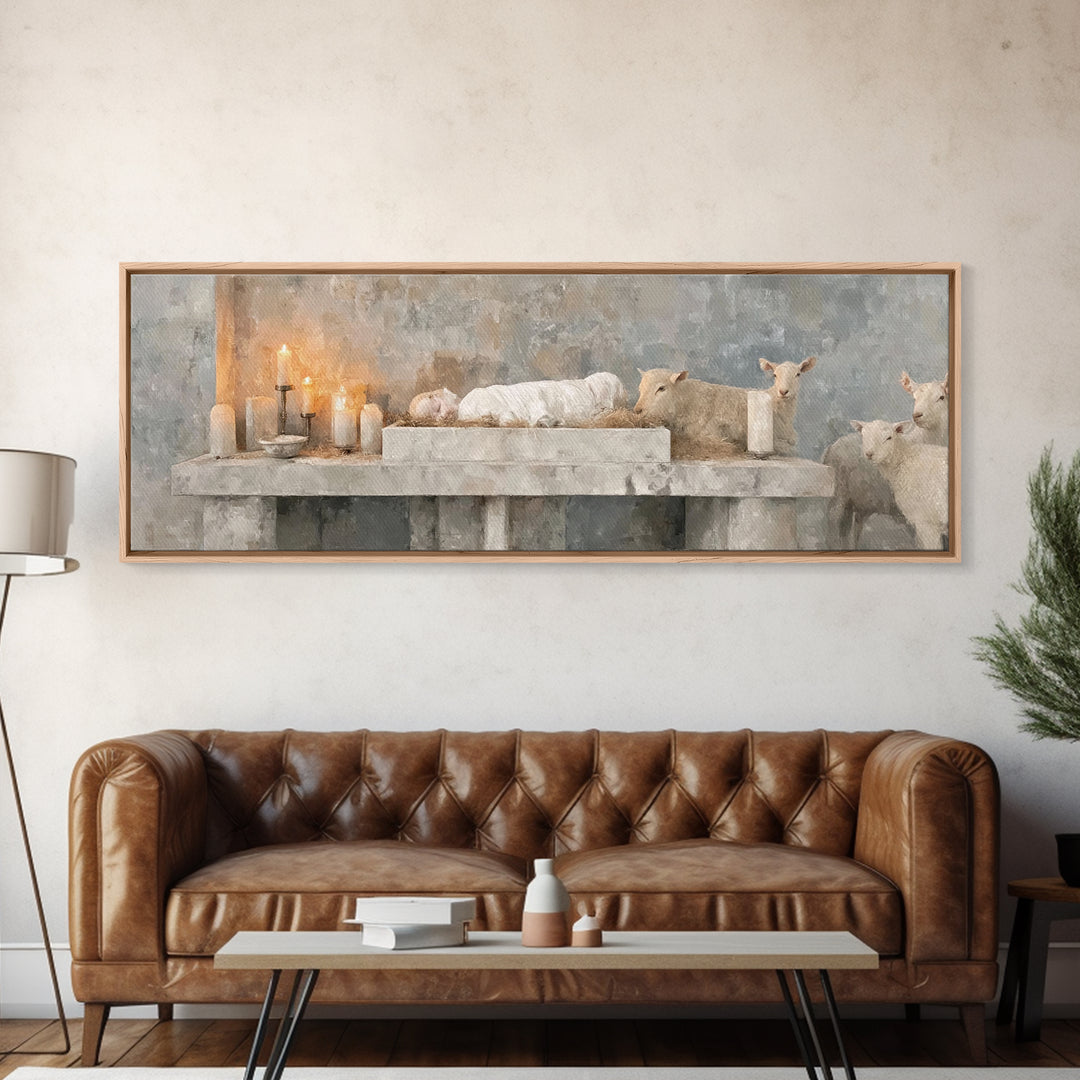 Manger Candle Hope, Framed Canvas Print, Panoramic Wall Art, Christmas Art, Christian Wall Art, Christian Art Canvas, Christian Gift