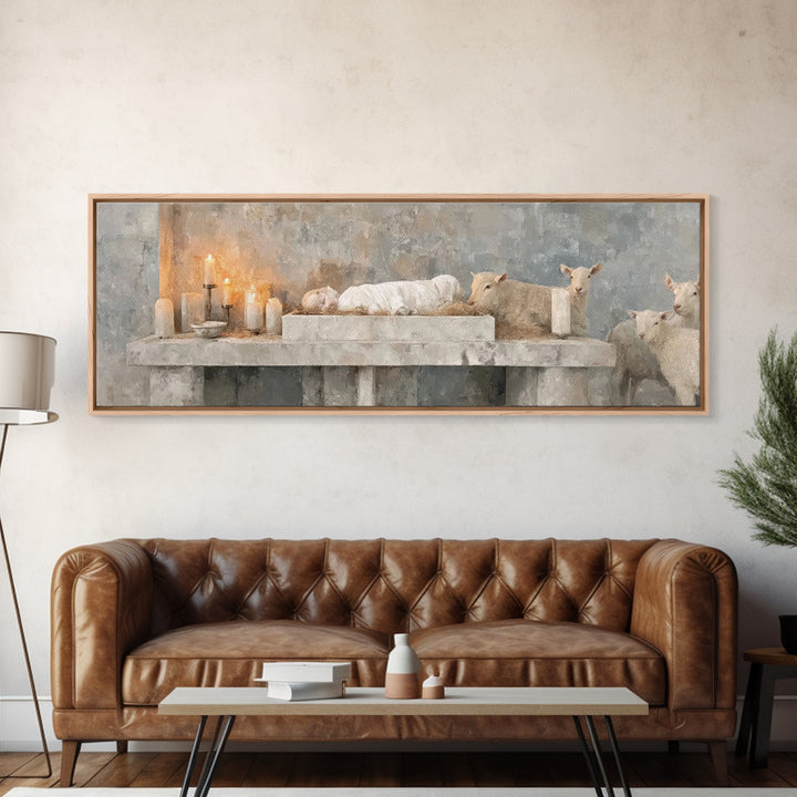 Manger Candle Hope, Framed Canvas Print, Panoramic Wall Art, Christmas Art, Christian Wall Art, Christian Art Canvas, Christian Gift