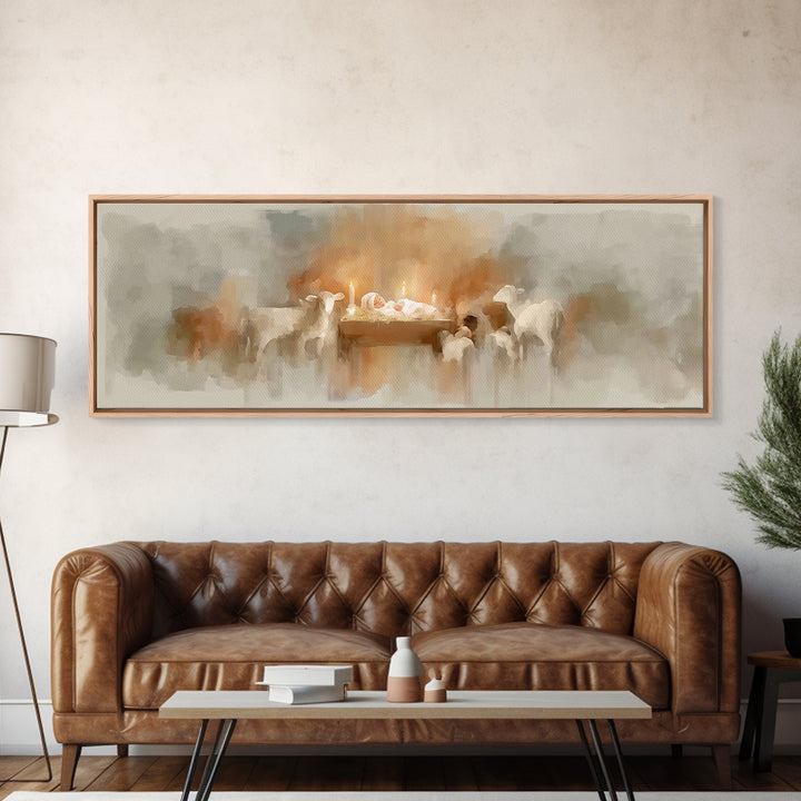 Soft Manger Glow | Framed Canvas Print | Christmas Art | Christian Art Canvas | Panoramic Painting | Christian Wall Art | Christian Christm
