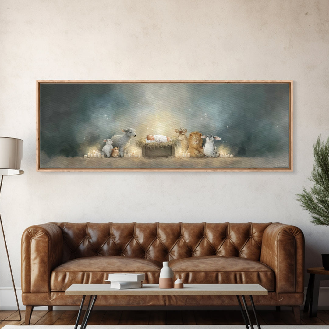Starry Cradle Light, Framed Canvas Print, Christian Christmas Art, Christian Art Canvas, Panoramic Art, Christmas Wall Art, Christian Art